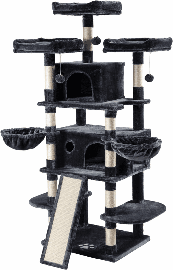68 Inches Cat Tree/House and Towers for Big Feline/Scratching Post/Multi-Level Large Kitty Climbing Tree with Condo/Smokey Grey - Image 9