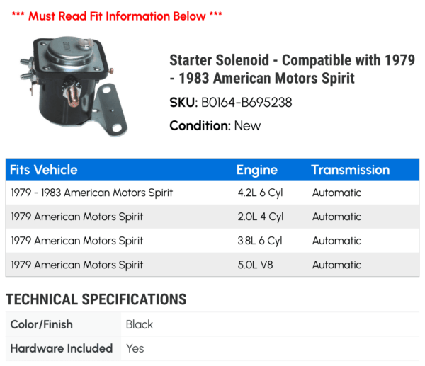 Starter Solenoid - Compatible with 1979 - 1983 American Motors Spirit 1980 1981 1982 - Image 2