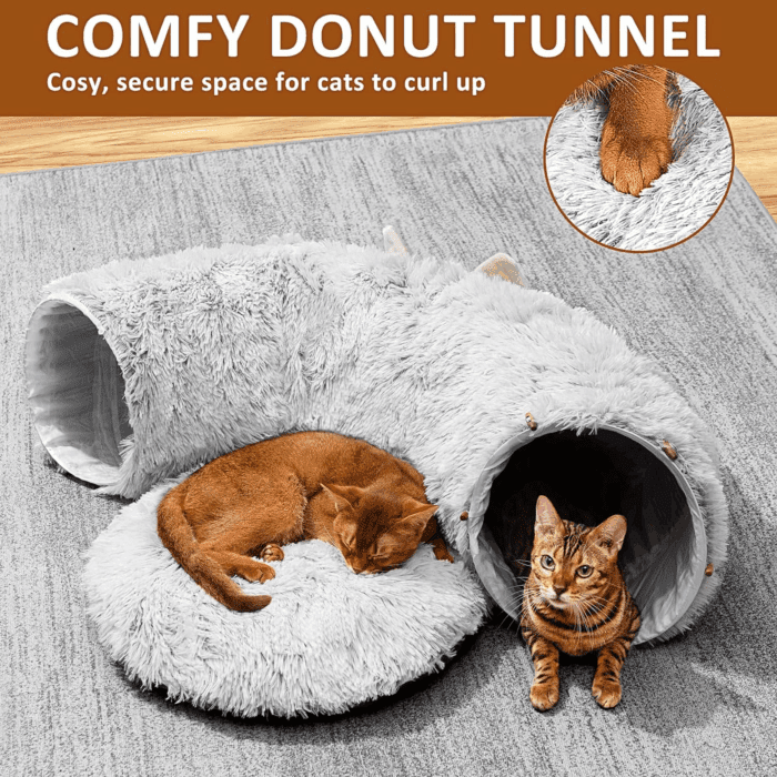 Cat Tunnel with Cat Bed for Indoor Cats, under Christmas Tree Soft Plush Peekaboo Cat Cave Donut Tunnel, Multifunctional Playground Toys Hideplace for Kittens, Rabbit, Ferret (Grey) - Image 4
