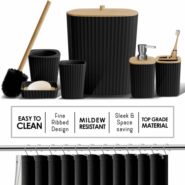 Bathroom Accessories Set - Bathroom Set, 20PC Bathroom Accessory Set, Black Shower Curtain Set, Toilet Brush, Trash Can & Soap Dispenser - Image 3