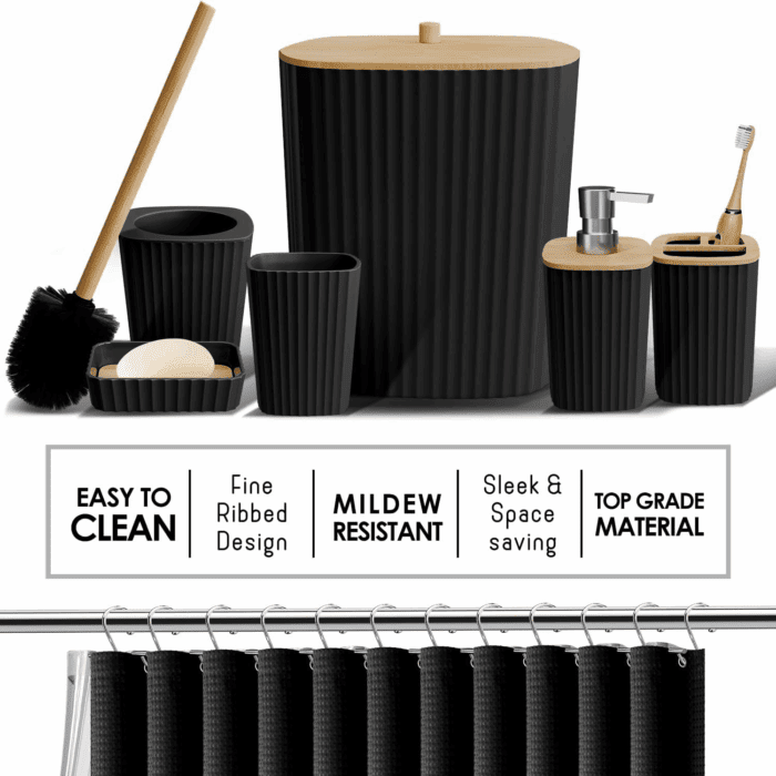 Bathroom Accessories Set - Bathroom Set, 20PC Bathroom Accessory Set, Black Shower Curtain Set, Toilet Brush, Trash Can & Soap Dispenser - Image 3