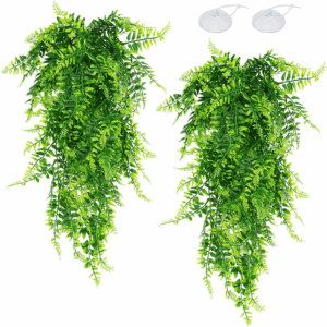 2 Pack Reptile Plants Terrarium Hanging Plant Artificial Leaves Reptile Hide with Suction Cup, Reptile Tank Accessories for Bearded Dragon Lizard Snake Geckos Chameleon