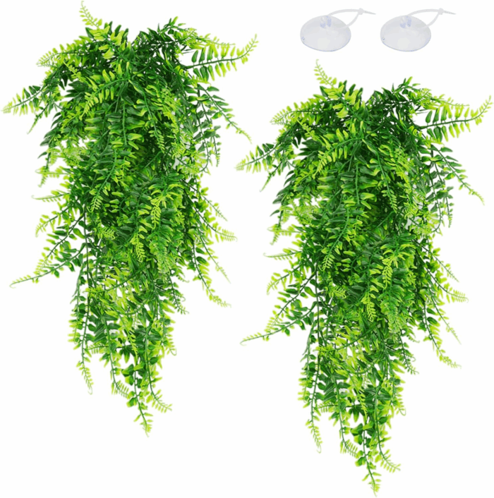 2 Pack Reptile Plants Terrarium Hanging Plant Artificial Leaves Reptile Hide with Suction Cup, Reptile Tank Accessories for Bearded Dragon Lizard Snake Geckos Chameleon