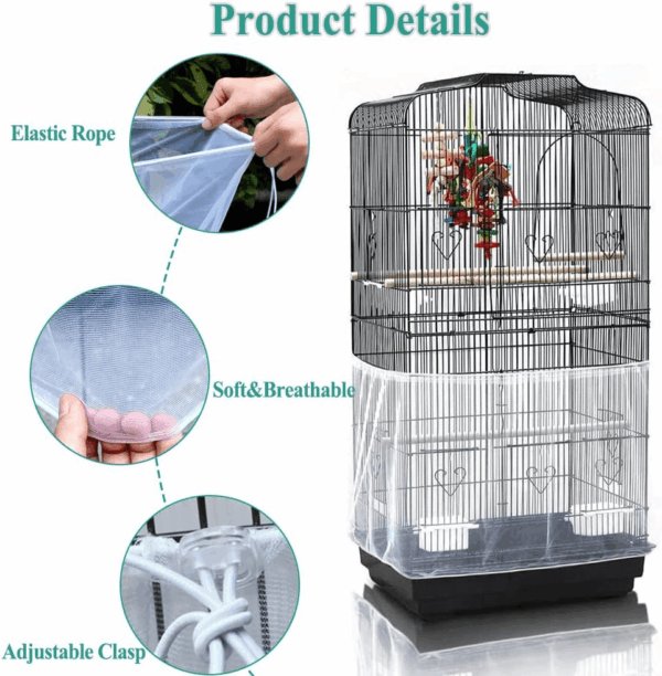 Bird Cage Seed Cather,Universal Adjustable Birdcage Cover Skirt Nylon Mesh Netting Parrot Parakeet Macaw African round Square Cages Cover - Image 3