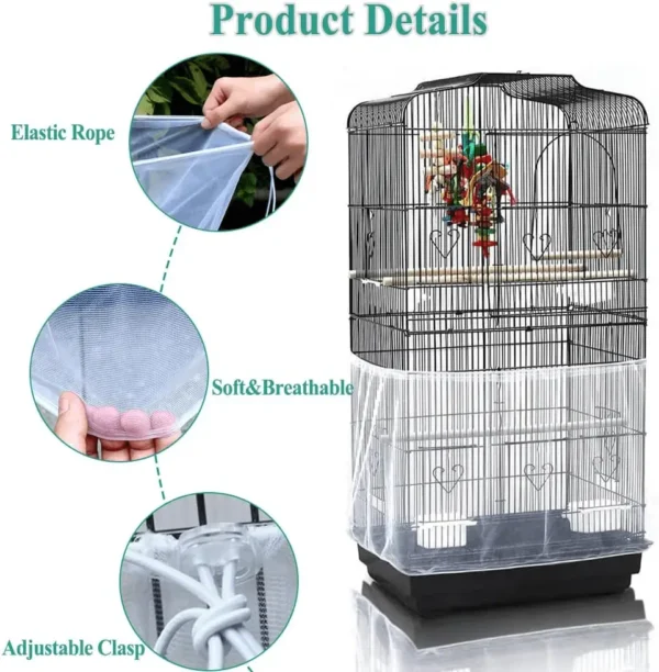 Bird Cage Seed Cather,Universal Adjustable Birdcage Cover Skirt Nylon Mesh Netting Parrot Parakeet Macaw African round Square Cages Cover - Image 3