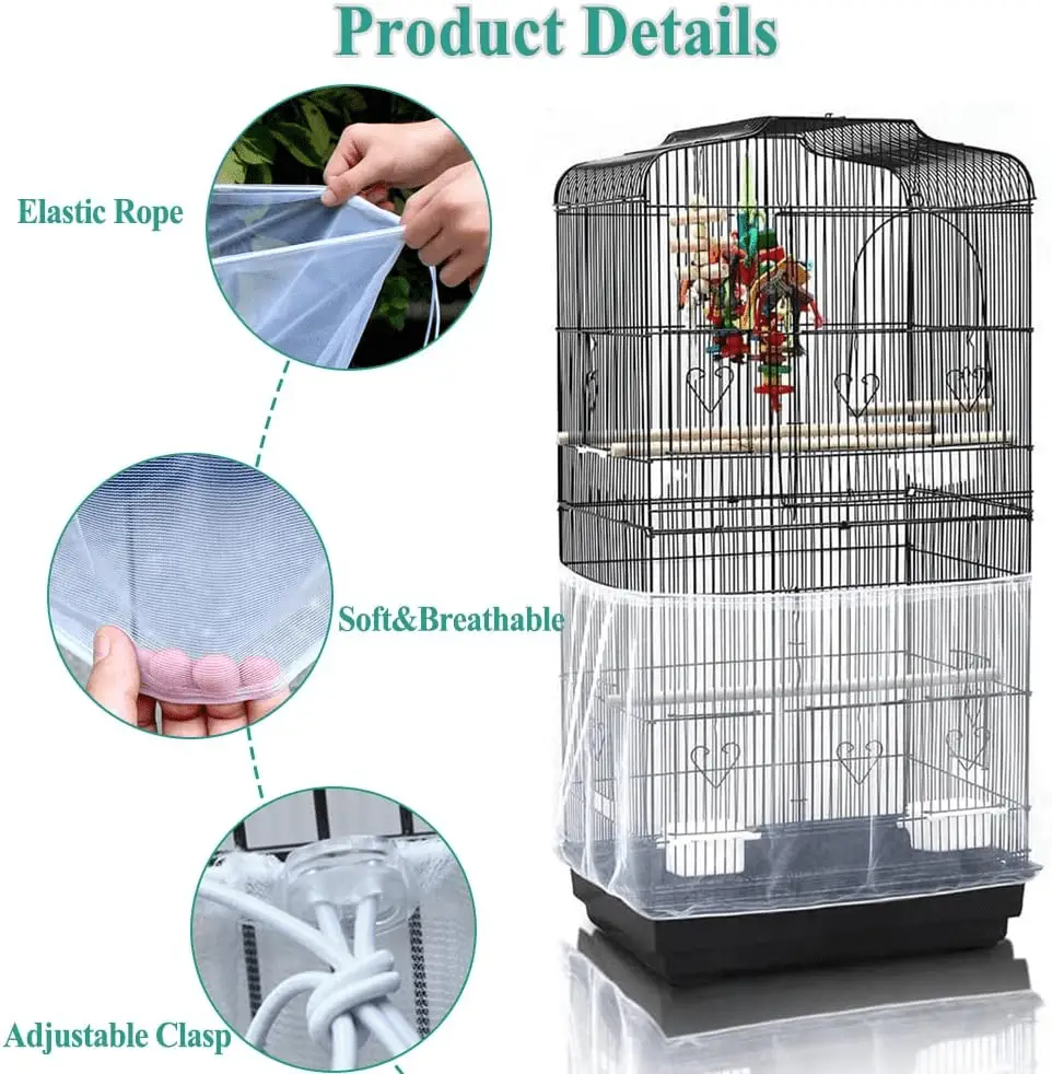Bird Cage Seed Cather,Universal Adjustable Birdcage Cover Skirt Nylon Mesh Netting Parrot Parakeet Macaw African round Square Cages Cover - Image 3