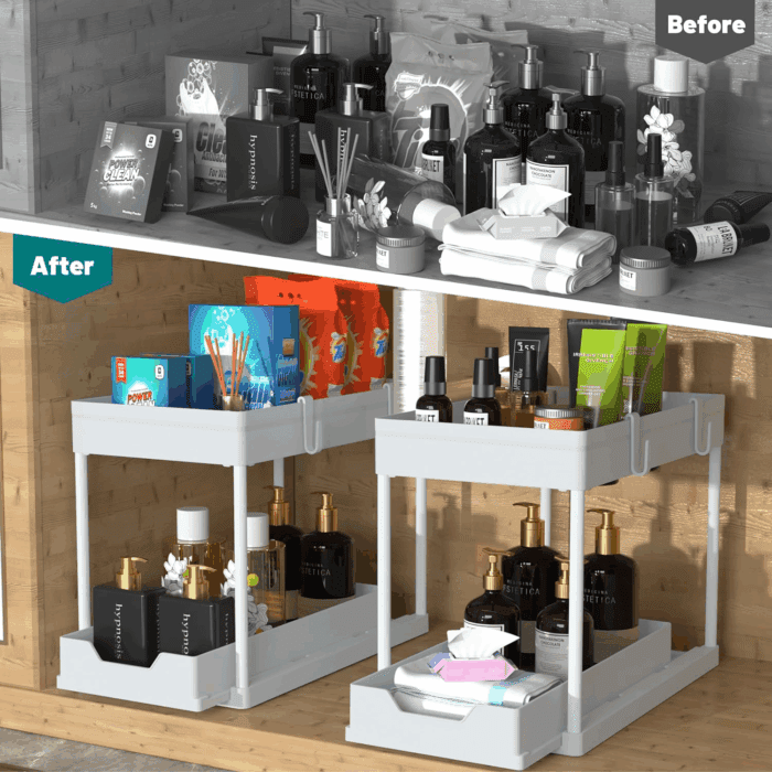 Cabinet, 2 Pack under Sink Organizer, 2 Tier Sliding Bathroom Kitchen Organizer, Large White ABS Baskets, Easy Install & Clean - Image 4