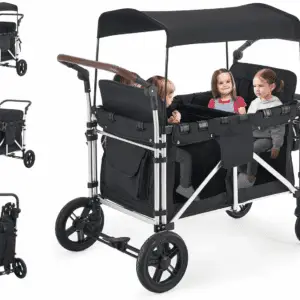 Stroller Wagon for 4 Kids,  Wagon Cart Featuring 4 High Seat with 5-Point Harnesses and Adjustable Canopy, Foldable Double Push Bar Wagon Stroller for Garden, Stroller, Camping (Black)