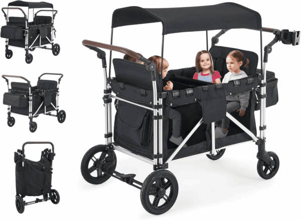 Stroller Wagon for 4 Kids,  Wagon Cart Featuring 4 High Seat with 5-Point Harnesses and Adjustable Canopy, Foldable Double Push Bar Wagon Stroller for Garden, Stroller, Camping (Black)