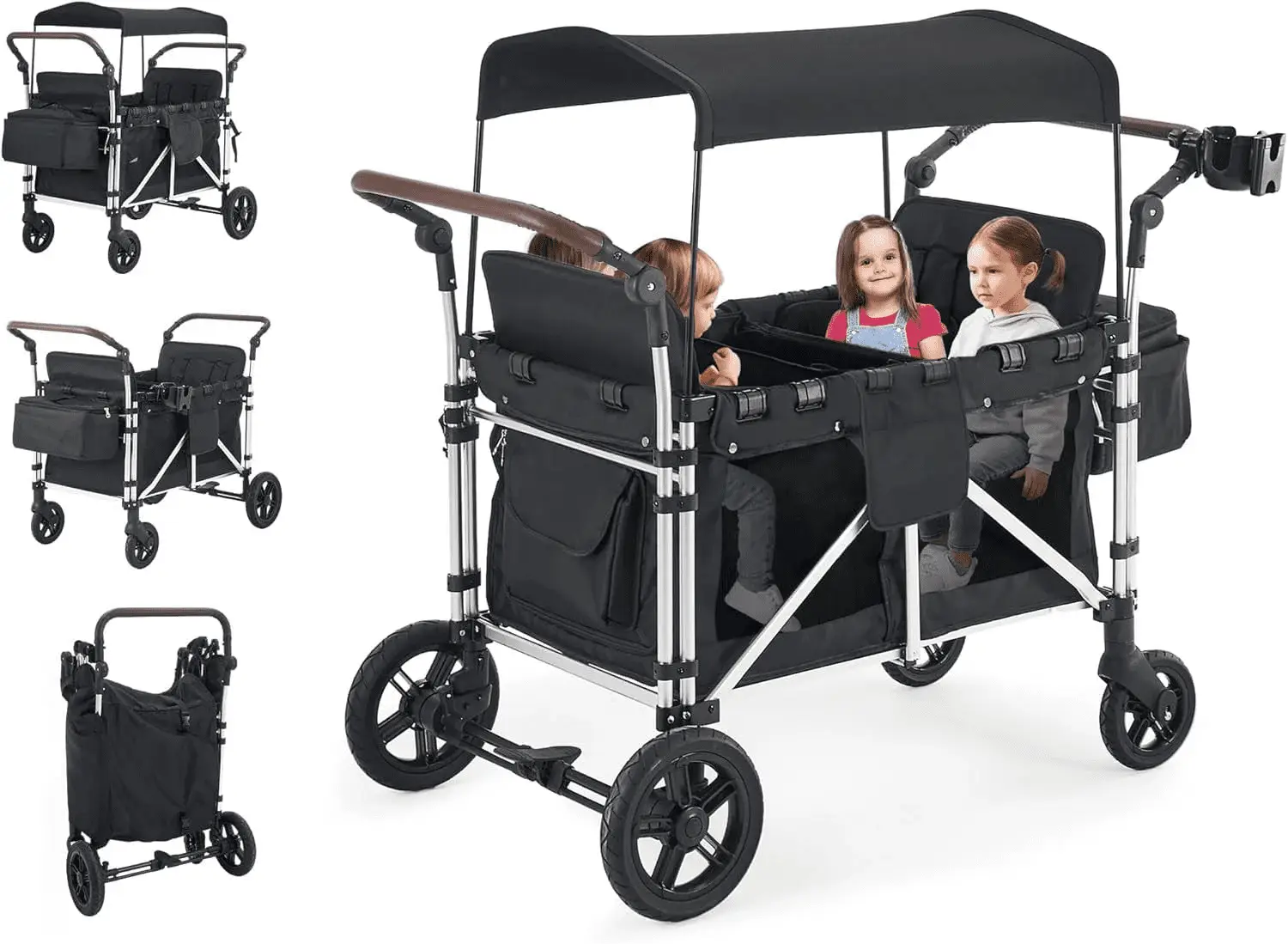 Stroller Wagon for 4 Kids, Wagon Cart Featuring 4 High Seat with 5-Point Harnesses and Adjustable Canopy, Foldable Double Push Bar Wagon Stroller for Garden, Stroller, Camping (Black)