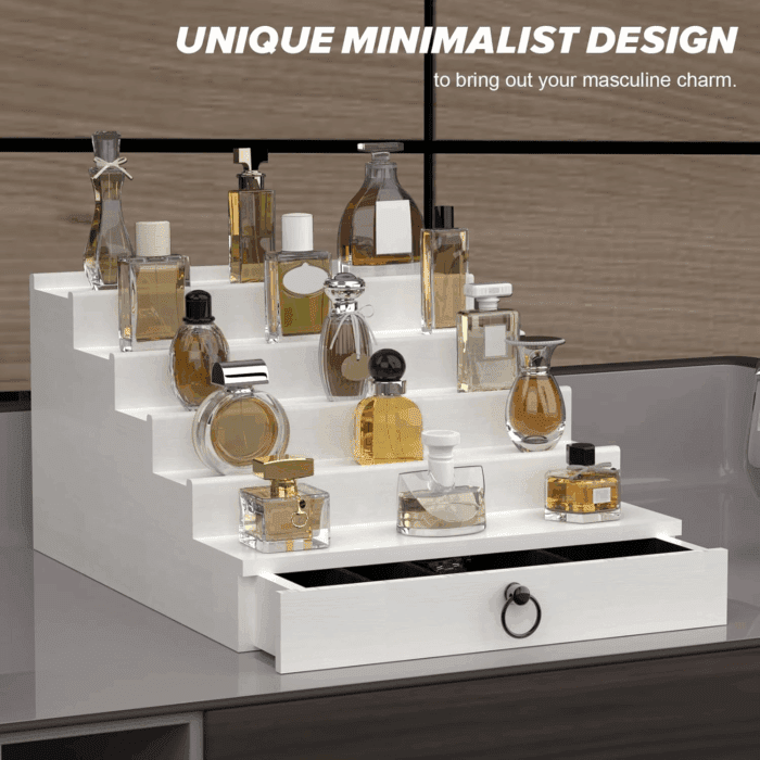 Cologne Organizer for Men, 5 Tier White Cologne Shelf, Perfume Stand with Drawer and Hidden Compartment Perfume Display Holder - a Gift for Men - Image 7