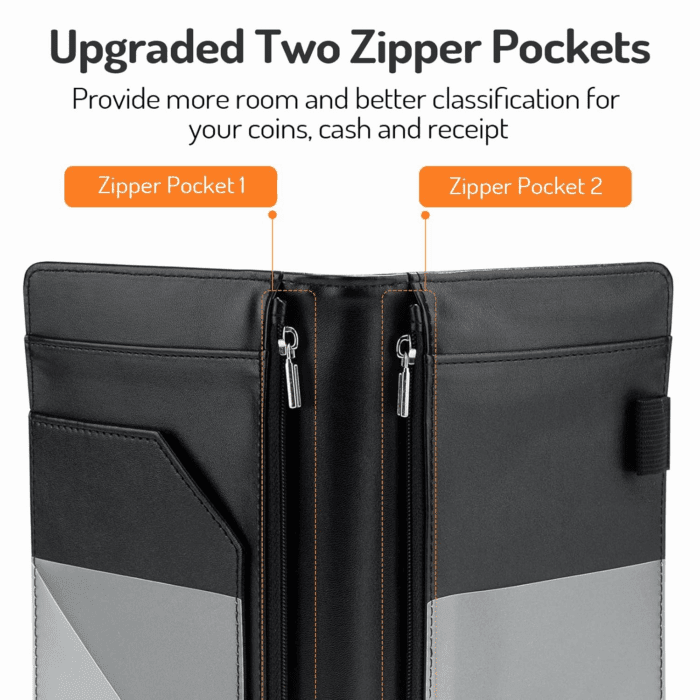 Server Book, 2 Zipper Pocket, Server Books for Waitress, Waitress Book for Servers, Fits Waitress Apron, Guest Book, Waitress Accessories, Serving Book,Receipt Holder, Black - Image 2