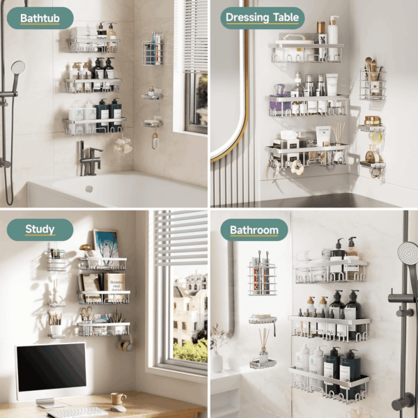 Stainless Steel Shower Caddy 6-Pack, Ideal for Gift, Large Wall Mounted Shower Rack, Bathroom Shelves over Toilet, Organizer Storage Accessories with Soap Dish & Toothbrush Holder, Silver - Image 8
