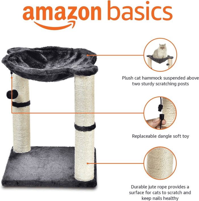 Cat Tower - Indoor Cat & Kittens Hammock Tower with Scratching Posts and Dangling Ball, (19.7"H) - Gray - Image 2