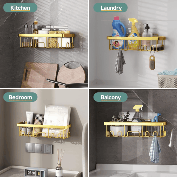 Adhesive Shower Caddy 6-Pack,Gifts for Women Mom,Heavy Weight Bearing,Large Wall Mounted Bathroom Shelves Rack,Organizer Storage Accessories with Soap Dish&Toothbrush Holder,Bright Gold - Image 6