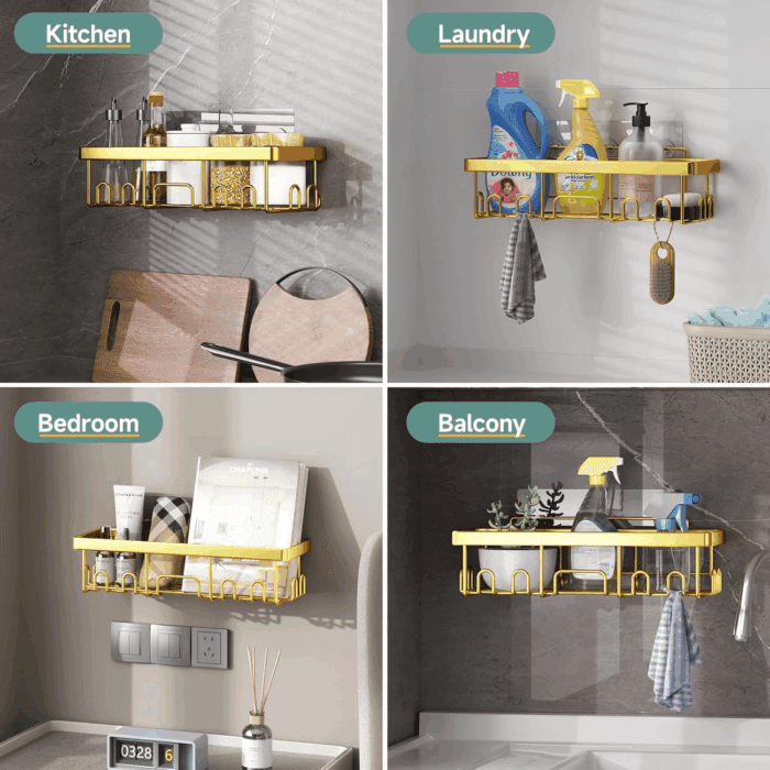 Adhesive Shower Caddy 6-Pack,Gifts for Women Mom,Heavy Weight Bearing,Large Wall Mounted Bathroom Shelves Rack,Organizer Storage Accessories with Soap Dish&Toothbrush Holder,Bright Gold - Image 6