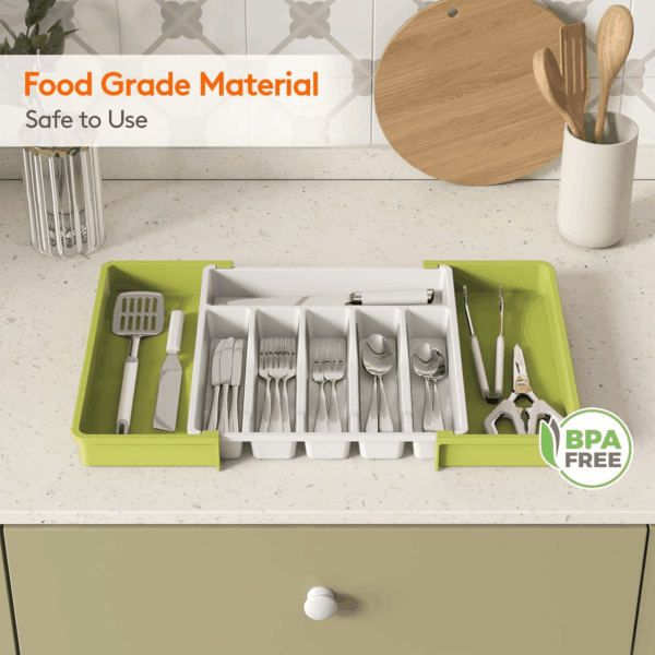 Silverware Drawer Organizer, Expandable Utensil Tray for Kitchen, BPA Free Flatware and Cutlery Holder, Adjustable Plastic Storage for Spoons Forks Knives, Large, Green&White - Image 8