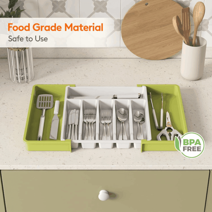 Silverware Drawer Organizer, Expandable Utensil Tray for Kitchen, BPA Free Flatware and Cutlery Holder, Adjustable Plastic Storage for Spoons Forks Knives, Large, Green&White - Image 8