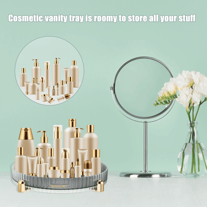 Makeup Perfumes Organizer 360 Degree Rotating round Storage Tray Gray - Image 3