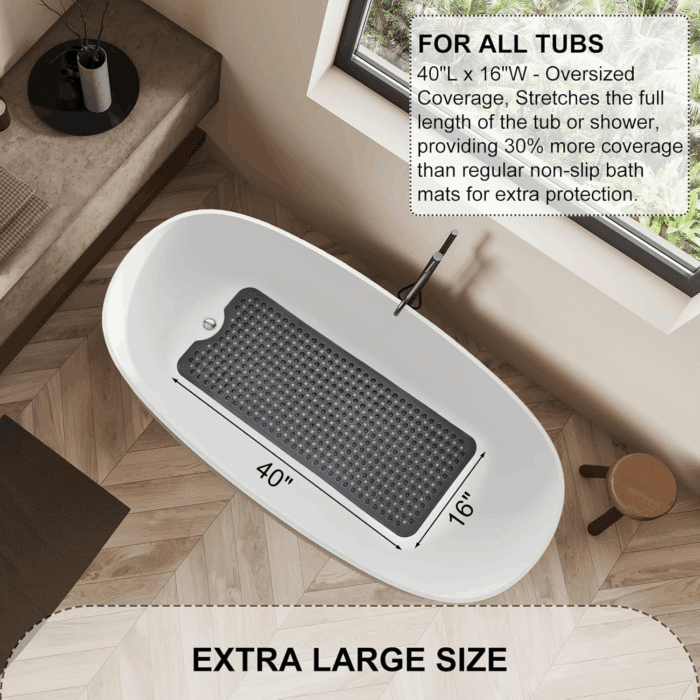 Bath Tub and Shower Mats, Non Slip 40 X 16 Inch Extra Large Bathtub Mat, Machine Washable Bathmat with Drain Holes, Suction Cups for Bathroom Floor, Clear Black - Image 5