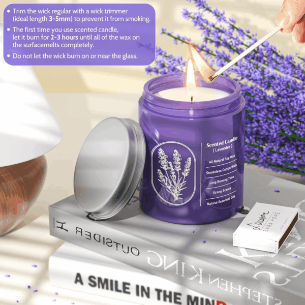 Lavender Candles for Home Scented, 7.6 Oz Purple Jar Candle, Natural Fragrance for Women, 40 Hour Long-Lasting Burn Scented Candle for Birthday - 1 Pack - Image 6