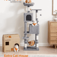 Cat Tree, 61-Inch Cat Tower for Indoor Cats, Plush Multi-Level Cat Condo with 5 Scratching Posts, 2 Perches, 2 Caves, Hammock, 2 Pompoms, Light Gray UPCT192W01 - Image 2