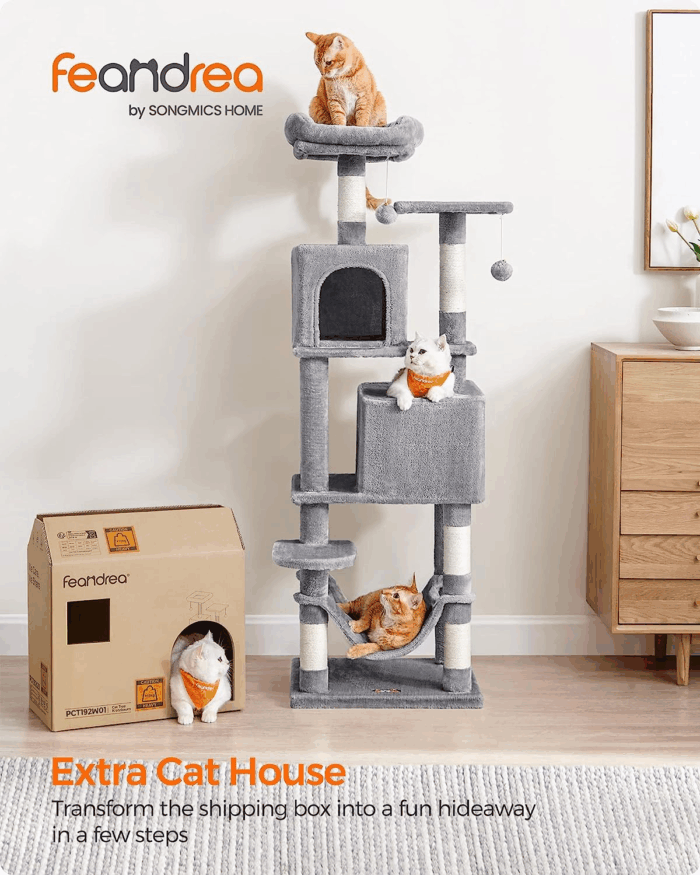 Cat Tree, 61-Inch Cat Tower for Indoor Cats, Plush Multi-Level Cat Condo with 5 Scratching Posts, 2 Perches, 2 Caves, Hammock, 2 Pompoms, Light Gray UPCT192W01 - Image 2