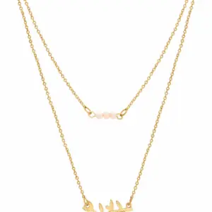 Women'S Gold Tone Delicate Duo Layered Peach Glass Bead and Leaf Necklaces.