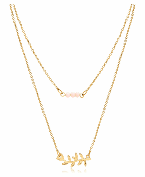 Women'S Gold Tone Delicate Duo Layered Peach Glass Bead and Leaf Necklaces.