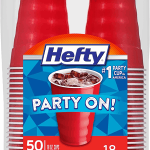 Party on Red Plastic Cups, Disposable Plastic Party Cups for Easy Cleanup and Large Gatherings, Red Cups for Bbqs, Birthdays, Parties, and More, 18 Ounce, 50 Count