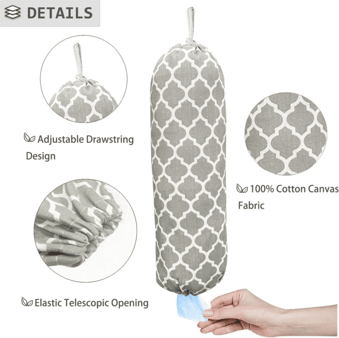 Grey Lantern Wall Mount Plastic Bag Organizer - Washable Large Grocery Bag Storage Dispenser for Home Kitchen Travelling, Free Adjustment with Drawstring - Image 3