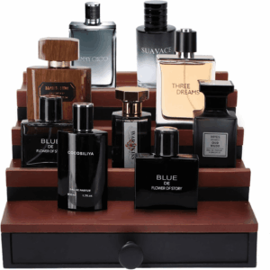 Cologne Organizer for Men - 4 Tier Walnut Black Wooden Cologne Display Stand with Drawer and Hidden Compartment, Mens Cologne Holder Shelf for Organizing and Storing, Walnut Black