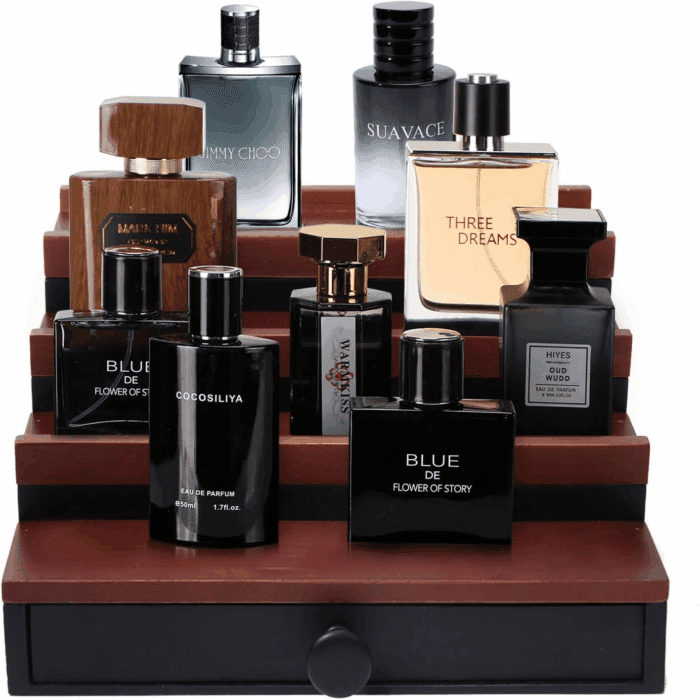 Cologne Organizer for Men - 4 Tier Walnut Black Wooden Cologne Display Stand with Drawer and Hidden Compartment, Mens Cologne Holder Shelf for Organizing and Storing, Walnut Black