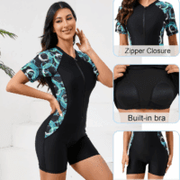 Women'S Boyleg One Piece Rash Guard with Built in Bra UPF50+ Zip Long Sleeve Full Body Modest Swimsuit - Image 3