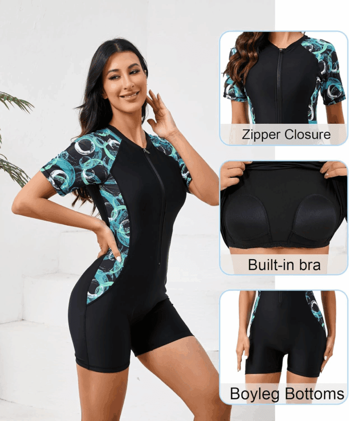 Women'S Boyleg One Piece Rash Guard with Built in Bra UPF50+ Zip Long Sleeve Full Body Modest Swimsuit - Image 3