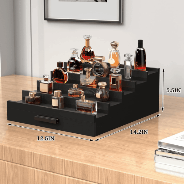 Zalida Wooden Cologne Organizer for Men 5 Tier of Perfume Display Holder of Drawer & 2 Hidden Compartments Larger Storage Space Mens Perfume Organizer Shelf Stand,Gift for Man (5T-Black) - Image 4