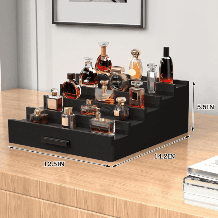Zalida Wooden Cologne Organizer for Men 5 Tier of Perfume Display Holder of Drawer & 2 Hidden Compartments Larger Storage Space Mens Perfume Organizer Shelf Stand,Gift for Man (5T-Black) - Image 4