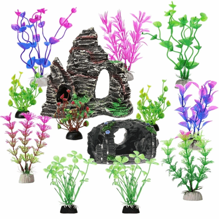 Fish Tank Accessories Aquarium Decorations - 13 Packs Plastic Plants Material Hideout Ornaments Small Size