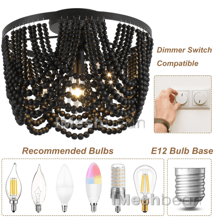 Black 12.6 Inch Wood Bead Chandelier Flush Mount Ceiling Light Fixture 3-Light Boho Light Fixtures Ceiling Farmhouse Chandeliers for Bedroom Dining Room - Image 2