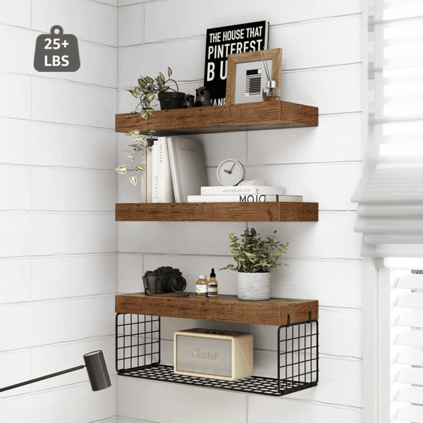 Bathroom Shelves over Toilet - Wall Mounted Floating Shelves Toilet Paper Storage Small Farmhouse Decor Shelf 16 Inch Set of 3, Rustic Brown (019-BN3) - Image 4