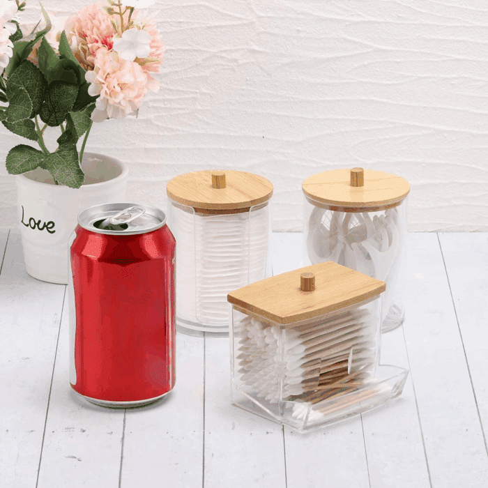 Bathroom Organizer Accessories Set-10 OZ,7 OZ Qtips Holder Storage with Brown Wood Lids, Cotton Ball/Swabs Dispenser, Apothecary Container Jar 3 Pcs - Image 6