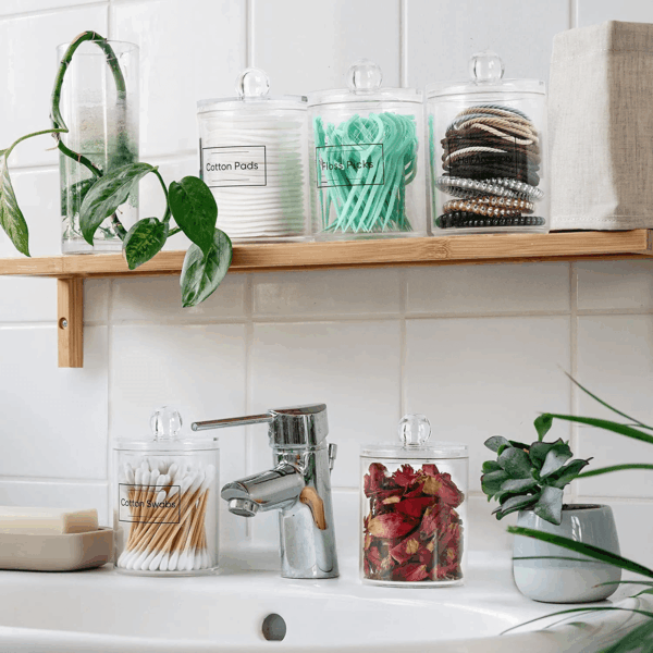 4 Pack Acrylic Qtip Holder Dispenser for Cotton Swabs, Balls, Pads, Floss Picks- Small Clear Plastic Canister Apothecary Jar Set, Bathroom Essentials Accessories Decor, Vanity Makeup Storage Organizer - Image 8