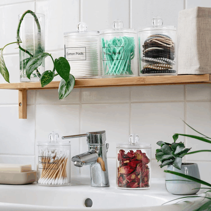 4 Pack Acrylic Qtip Holder Dispenser for Cotton Swabs, Balls, Pads, Floss Picks- Small Clear Plastic Canister Apothecary Jar Set, Bathroom Essentials Accessories Decor, Vanity Makeup Storage Organizer - Image 8