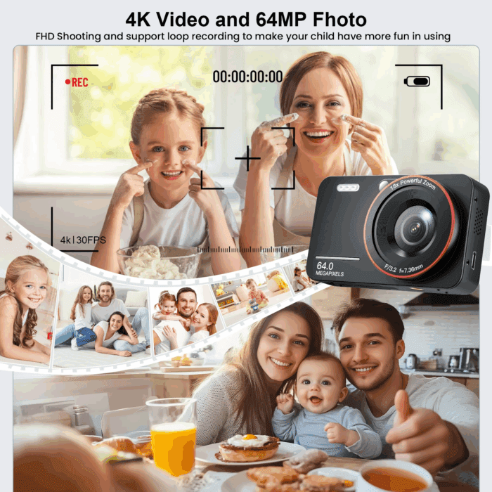 64MP 4K Digital Camera, 2.8" Screen 18X Digital Zoom anti Shake Compact Retro Camera, Vlogging Camera for Kids Teens Seniors with 32GB Card（Black） - Image 2