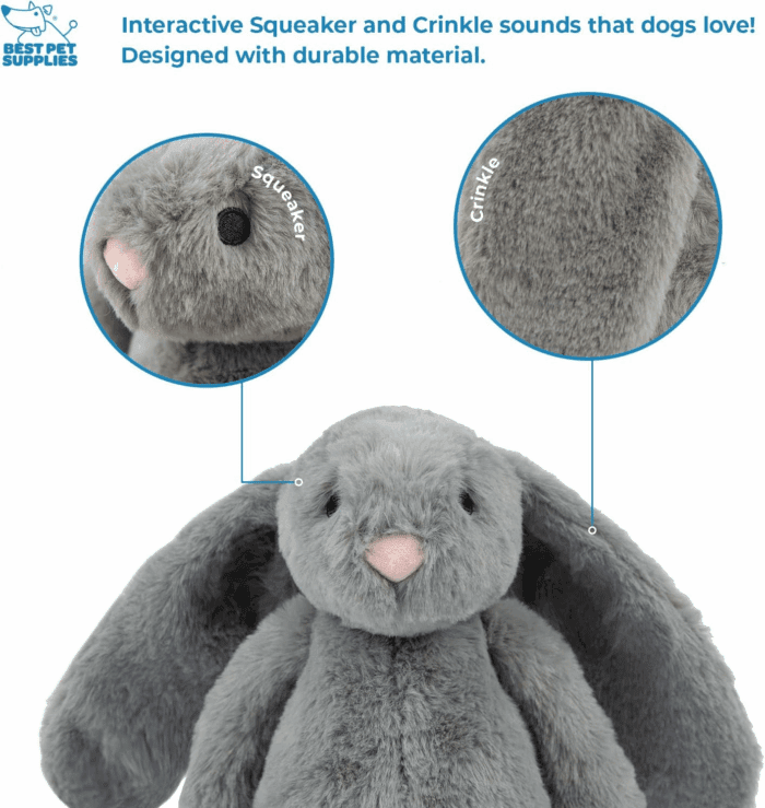 Interactive Bunny Buddy Dog Toy with Crinkle and Squeaky Enrichment for Small and Medium Breed Puppies or Dogs, Cute and Plush - Bunny Bundle (Beige, Gray) - Image 4