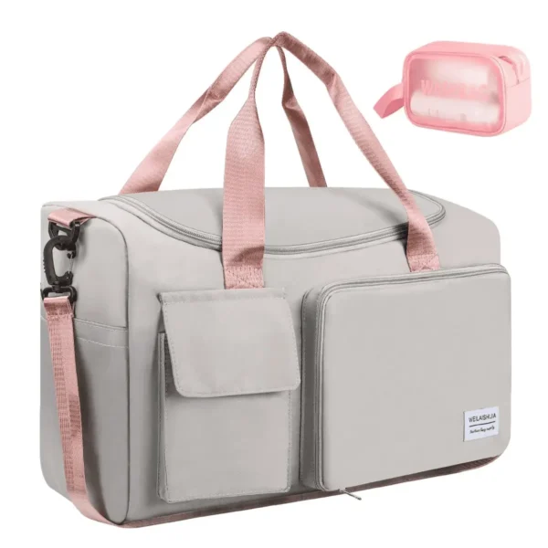 Travel Duffel Bag for Women, Foldable Weekender Overnight Bag with Shoe Compartment, Waterproof Shoulder Sports Tote Gym Bag with Toiletry Bag for Travel, Hospital Holdalls, Pink - Image 9