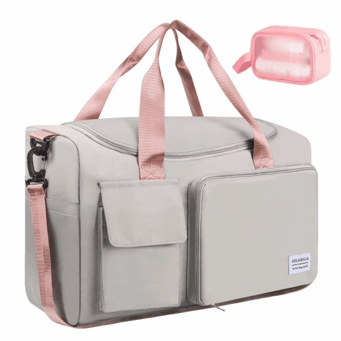 Travel Duffel Bag for Women, Foldable Weekender Overnight Bag with Shoe Compartment, Waterproof Shoulder Sports Tote Gym Bag with Toiletry Bag for Travel, Hospital Holdalls, Pink - Image 9