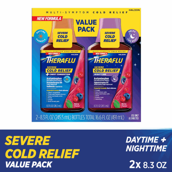 Severe Cough Cold and Flu Day and Nighttime Relief Medicine Syrup, Berry, 8.3 Fl Oz, 2 Pack