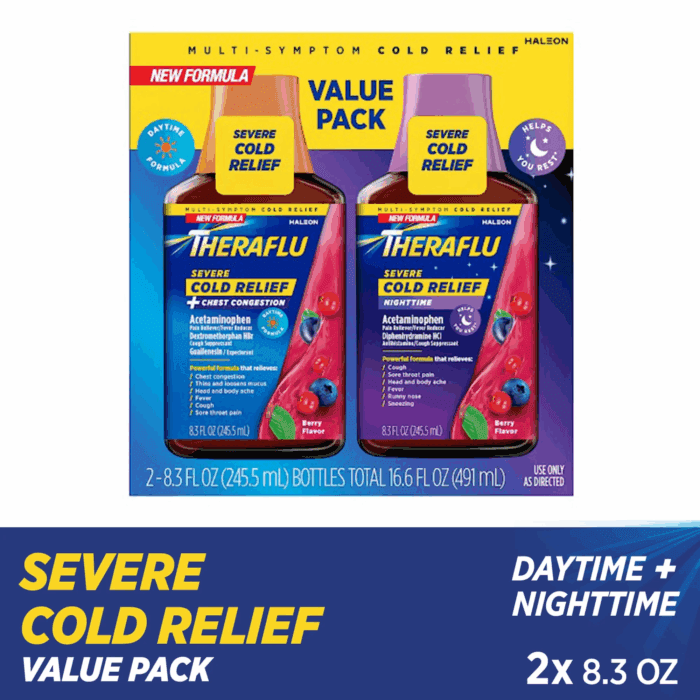 Severe Cough Cold and Flu Day and Nighttime Relief Medicine Syrup, Berry, 8.3 Fl Oz, 2 Pack
