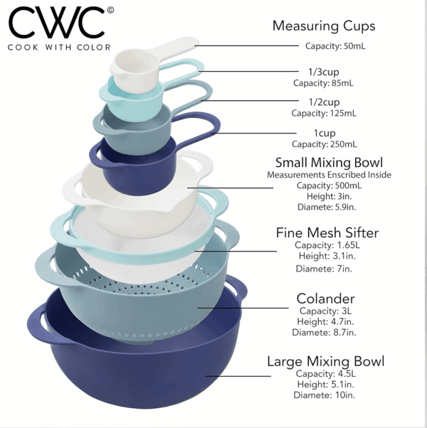 8Pc Nesting Bowl Set, Teal - Includes 2 Mixing Bowls, Colander, Sifter, 4 Measuring Cups, Polypropylene, Dishwasher Safe, BPA Free - Image 2